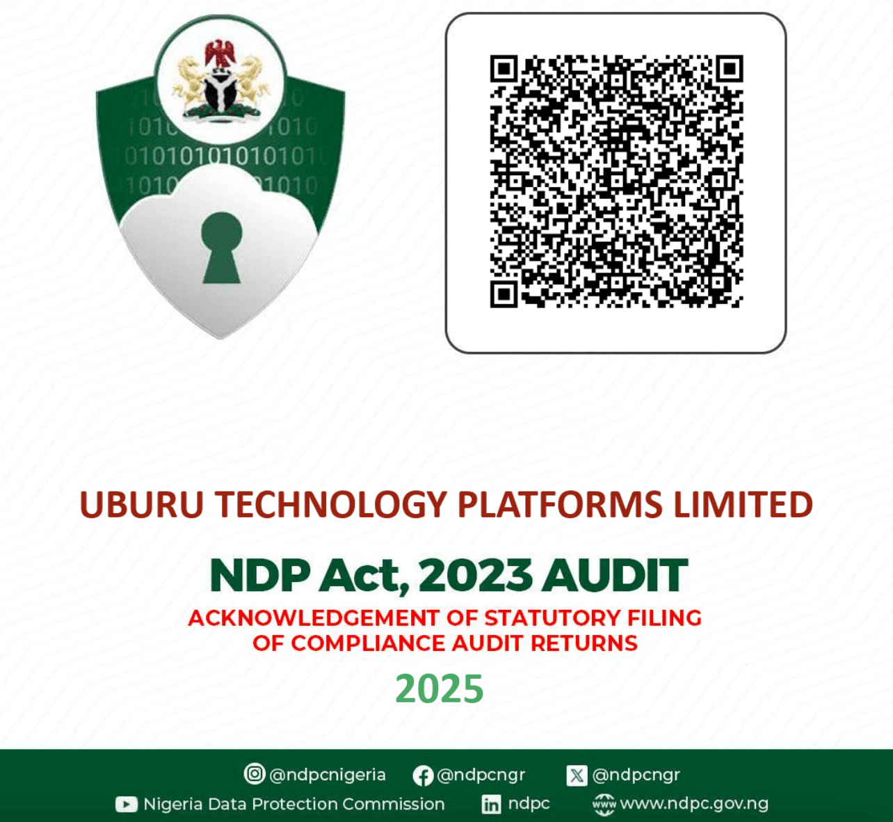 Uburu Technology Platforms Limited — NDP Act 2023 Audit: Acknowledgement of Statutory Filing of Compliance Audit Returns 2025